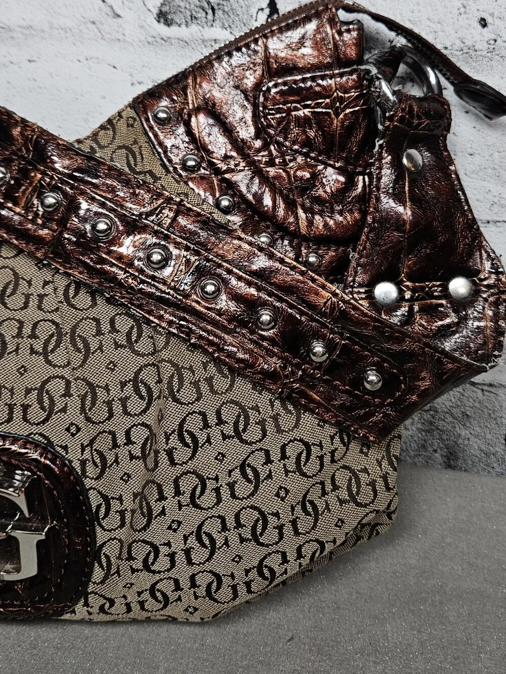 Guess Monogram Canvas Hobo Shoulder Bag Brown Metallic Trim Studded - Picture 5 of 14